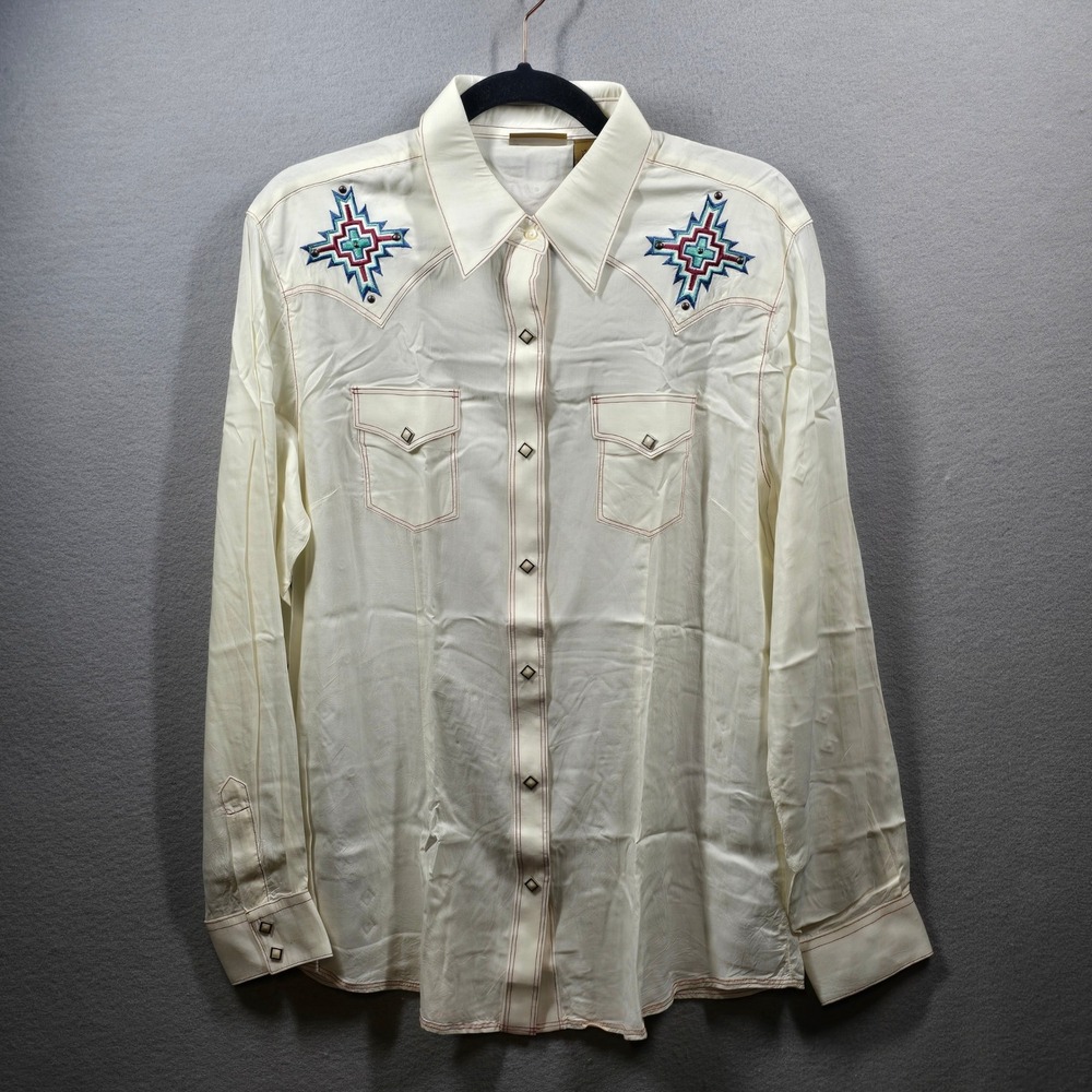 Wrangler Western Pearl‎ Snap Shirt Thunderbird Embroidered Cream Womens Large